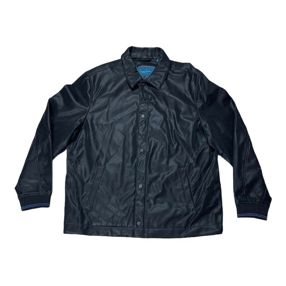 Perry Ellis Mens Jacket Black Buttons Pockets Long Sleeve Faux Leather XL New